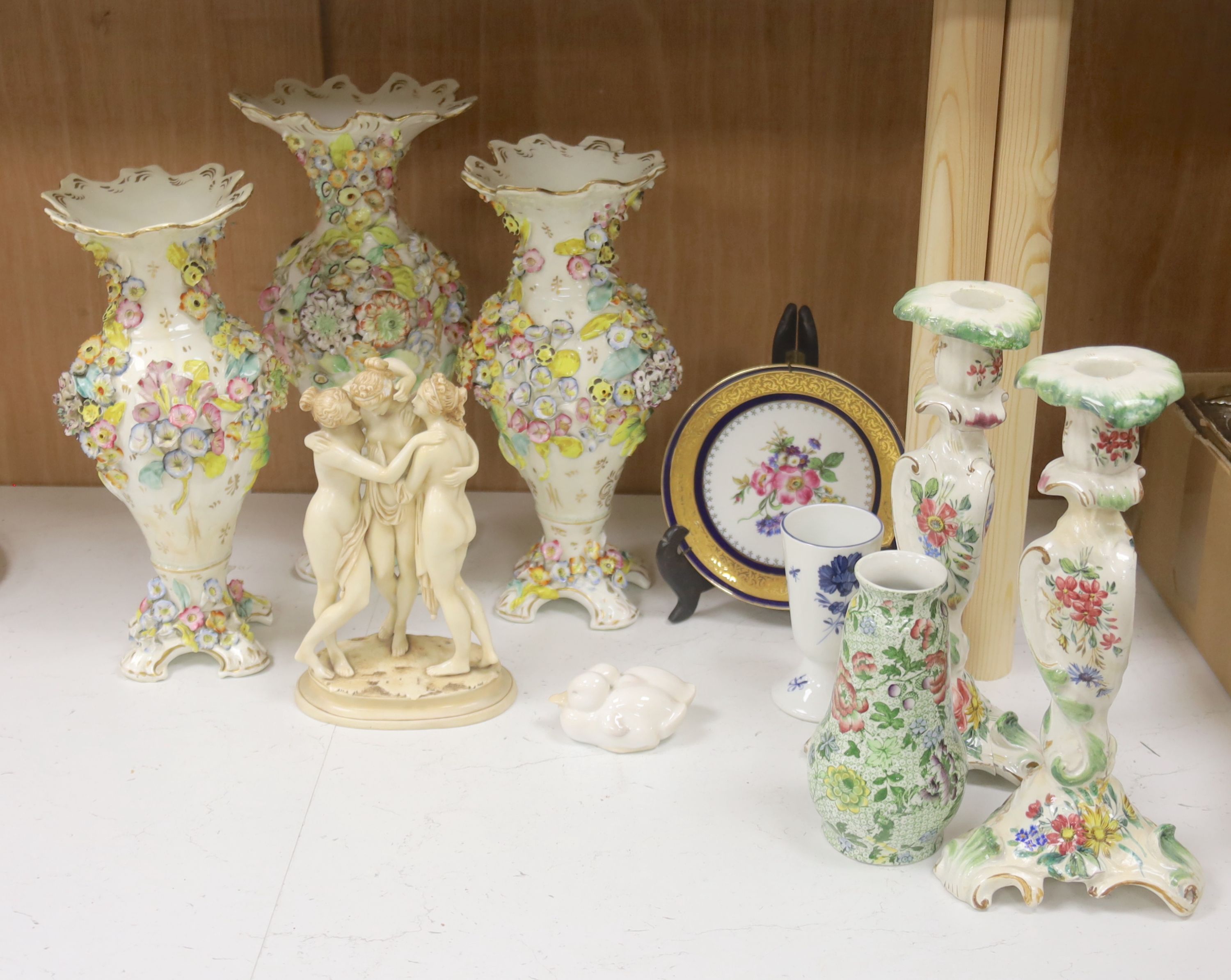 A set of three Victorian Coalbrookdale type vases, a Continental Three Graces group and sundry ceramics, tallest 34cm